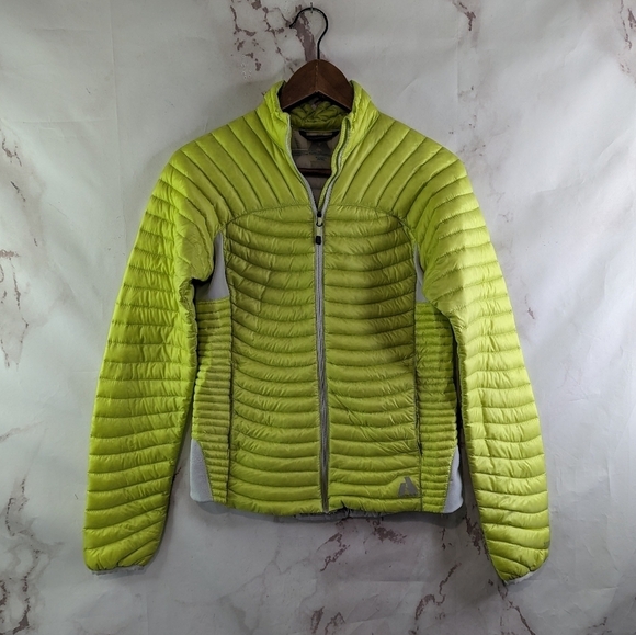 Eddie Bauer Down Puffer Jacket Womens XS Yellow Gray Neon Coat Hood 800 FP - Picture 1 of 13